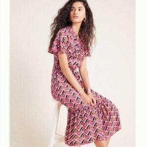 Anthropologie Corey Lynn Calter Annabel Pink Geo Ruffle Shirt Dress Maxi